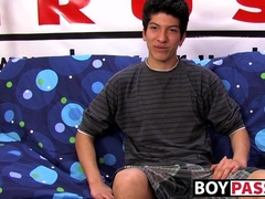 Interviewed young twink jerks off his big dick and cums