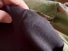 Army solider jerks off in uniform wearing his roommate's black boxer briefs