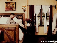 Sultry TS Aubrey Kate gags hard while dude slams her open mouth