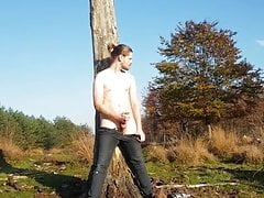 Long haired dutch guy jerking off outside