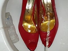 Pissing into Red Peeptoe Highheel Pumps