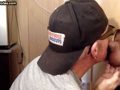 Gray DILF sucks and tugs gloryhole dick until spermed