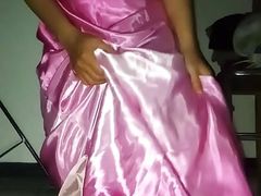 Masturbation Cum Wearing Satin Slippery and Shiny Pink Long Gown
