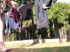 Hanging the washing on the line with happy ending