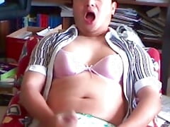 Dirty sissy crossdress slut man whore squirming crazy masturbation orgasm while wearing girlfriend's bra shirt and sweater