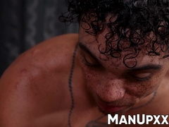 Maseur Amone Bane gives a sensual milking to blindfolded Marco Lorenzo