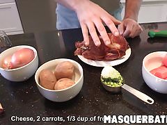 Big cocked hunk wanks his massive cock after he cooks a meal