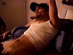 Fit hunk wears his baseball cap while he's being blown