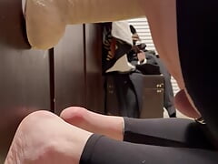 Redhead in leggings taking big dildo