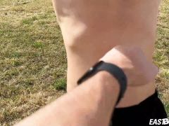 Cute teen blonde boy shows off his abs