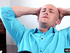 two muscular dudes with huge cocks take turns at humid porking