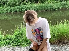 Masturbation with cum in the public woods by the lake