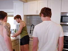 Two dominant lads are having their way with a twink