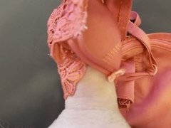 Spurting on my wife's fiery red lace bra (80 D) - Masturbation frenzy