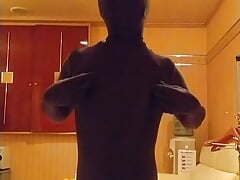 Cross-dressing masturbation with full-body tights, nose hook and mouth shackles