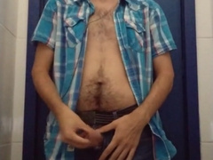open my blue tee-shirt in shower pull up my messy prick then stroke him