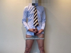 　semen Comes Out From The Erected Cock Of A Japanese Office Worker