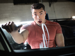 Sex at the garage with two muscular men on fire