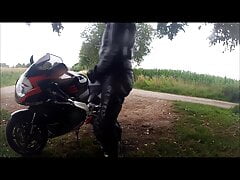 alobiker in a video with my aprilia in leathersuit