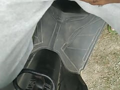 After 4 days Outdoor Chastity Cage show off Huge bulge
