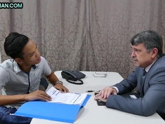 Office Chinese twunk bentover by mature before missionary