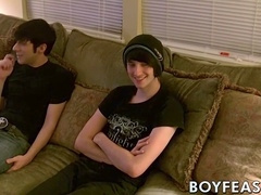 Young gay dudes kiss passionately before messy oral and handy session