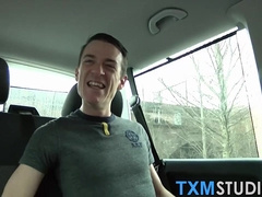 Young British jock blowing big cock in car threeway