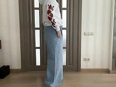 Palazzo wide leg flared blue jeans and white hoodie with roses print on tranny crossdresser femboy