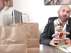 Handsome oiled BJ hunk in sexy thongs sucks cock in office