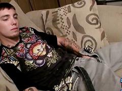 Tattooed wanker uses a penis pump