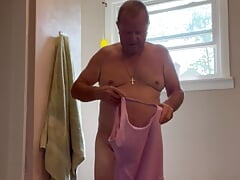 Sissy steps out of the shower and puts on sissy outfit