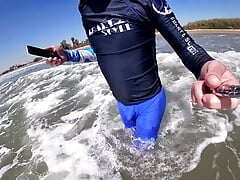 Men and women on the beach get horny seeing my cock in wet spandex