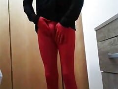 Fun at home wearing a red Zentai costume