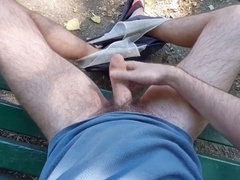 Naughty exhibitionist releases a massive cum stream in a public park (masturbating & peeing)