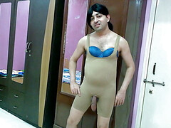 Sweet sissy crossdresser Sweet Lollipop in a Nude shapewear with open Dick.