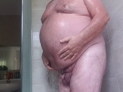 Sensual shower time: Chubby elderly father enjoying solo soapy session