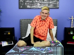Skinny little twink with big fat dick tugs after interview