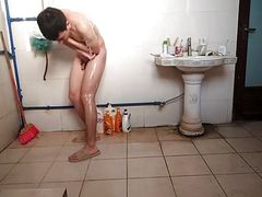 The fat stepbrother was secretly photographed taking a shower at home