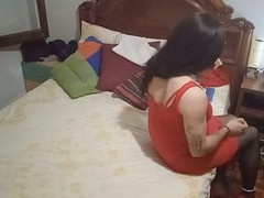Sissy returns from work in stockings and indulges in solo anal pleasure with high heels and sex toys