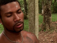 Clean cut muscle ebony dude masturbates outdoor