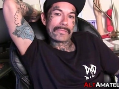 Inked goth dude shows off his firm body and masturbates solo