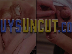 Uncircumcised lad gets jizz shot after railing