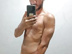 Horny masturbation in front of the mirror with thick cuming