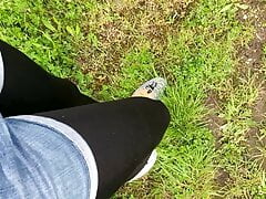 Crossdresser posing outdoor in leggings (nice cum drip)