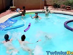 Twinks fool around in the pool before bareback orgy