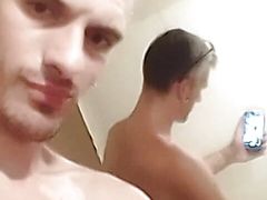 Public bathroom stroking my 10 inch cock