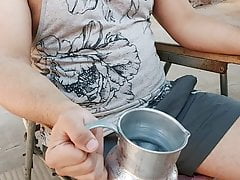 Amputee guy sitting taking terere