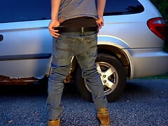 Wild man with bladder full of piss painting the parking lot with juice from his penis