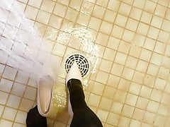 Showering wearing nude stiletto high heels and nylons