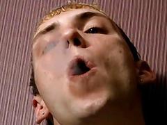 Self-sucking twink smokes a cig